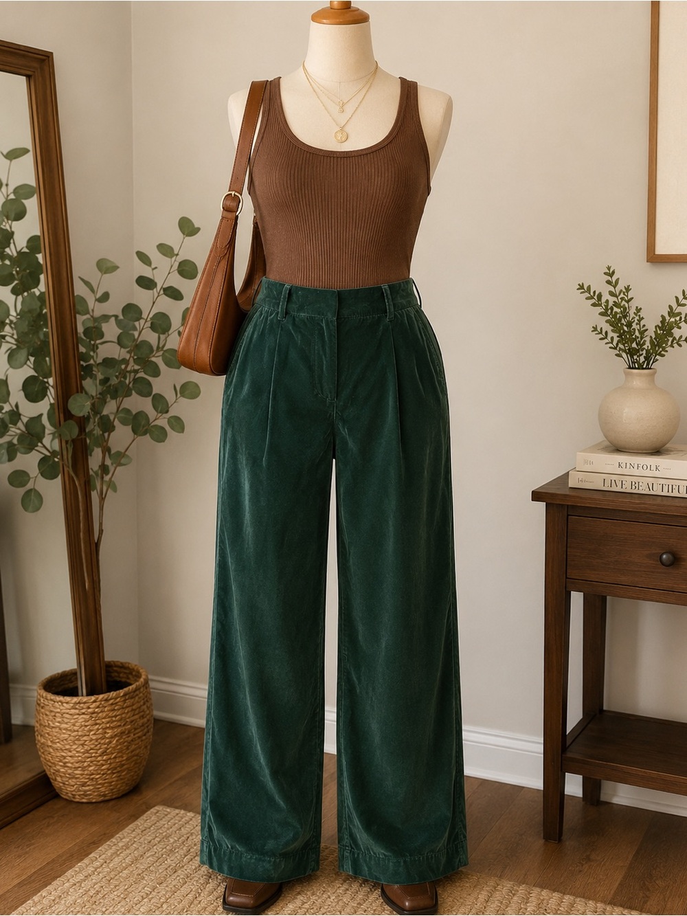 Old Navy TAYLOR Wide Leg Velvet Pants Womens M Green Full Length Pleated Trouser